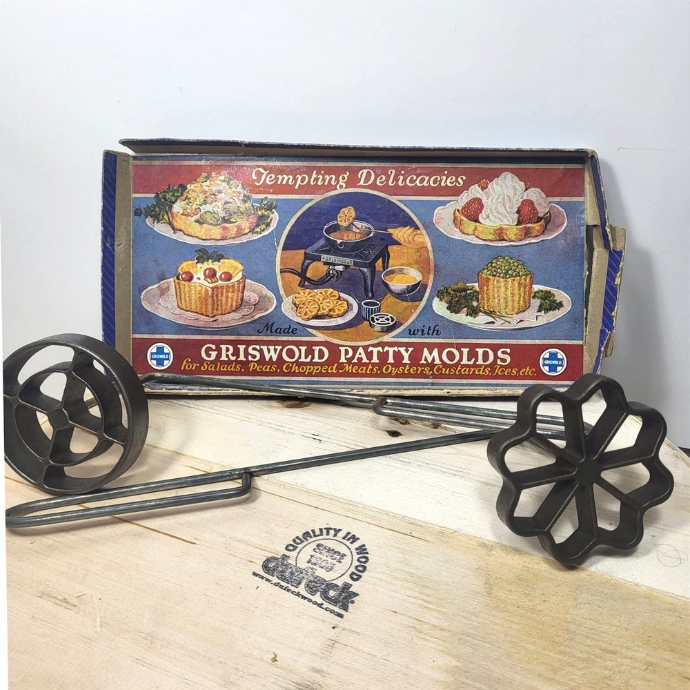 Vintage Griswold Cast Iron Patty Molds Set with Original Box Rosette Irons 2pc